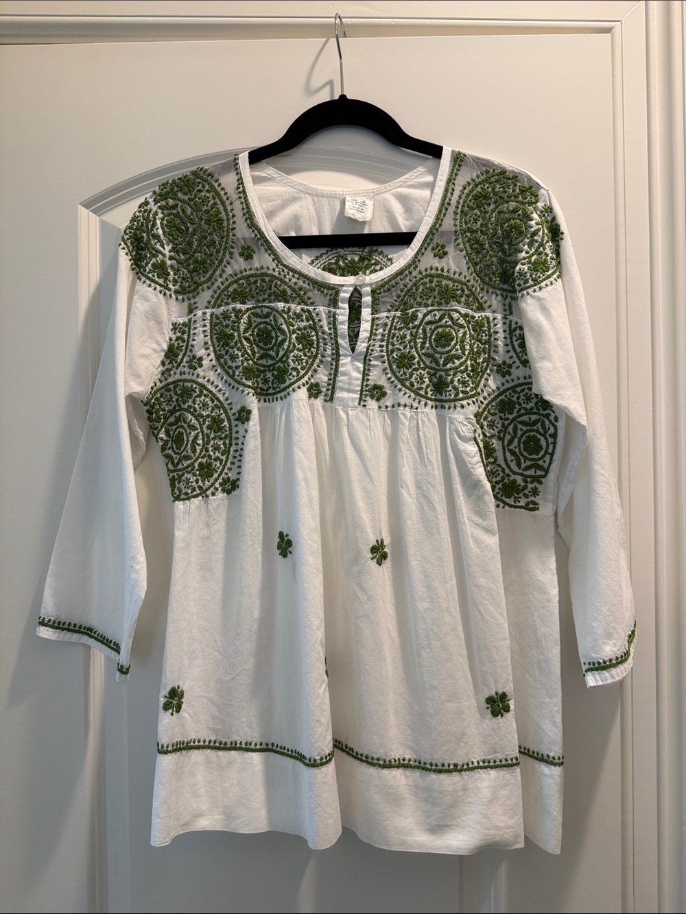Embroidered White Tunic with Green Medallion Detailing